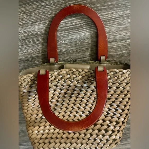 Fossil Vintage Brown  Woven Leather Purse Hand Bag With Wooden Handle Bohemian - Picture 8 of 10